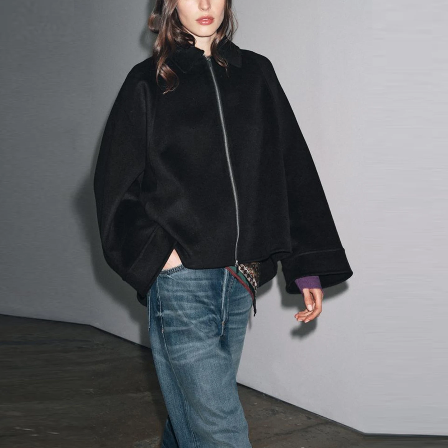 Stylowy, swobodny, długi płaszcz damski z zamkiem błyskawicznym, wykonany z mieszanych materiałów, nowość na jesień, elegancka odzież wierzchnia dla kobiet.