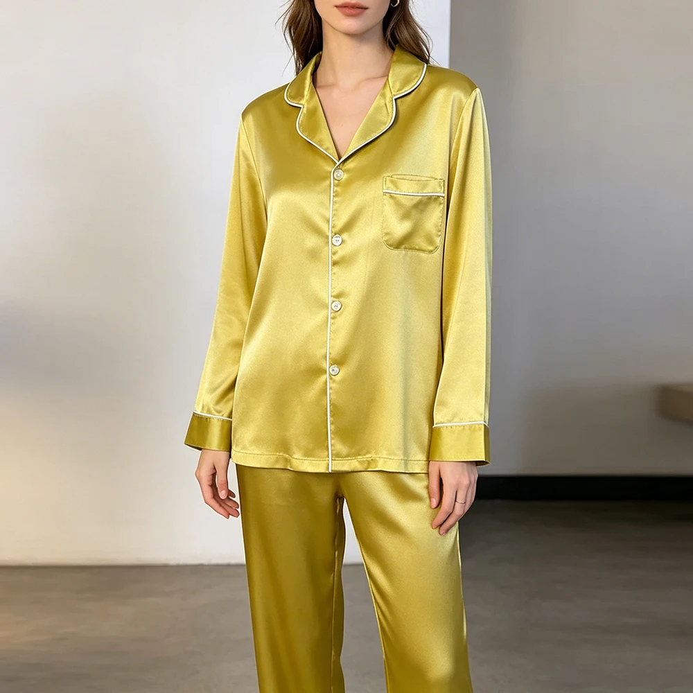 40 Momme 100% Mulberry Silk Pajama Set for Women Lapel Long-Sleeve Top & Long Pants Lady Soft & Breathable Real Silk Loungewear