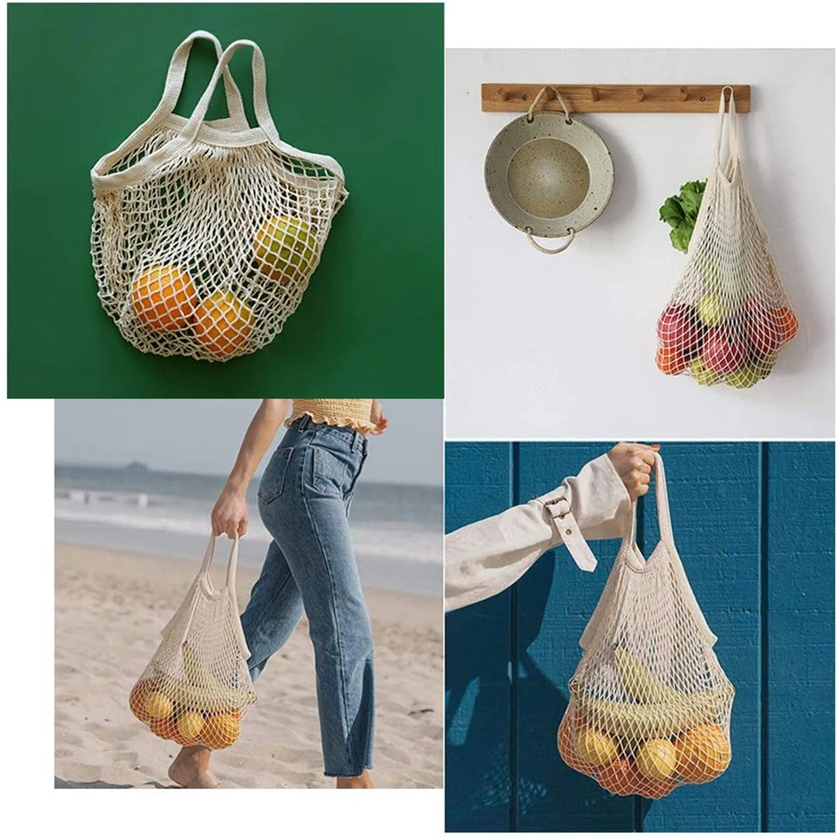 Cotton Mesh Grocery Bags for Vegetable Fruit Reusable String Shopping Bag Storage Handbag Totes Mesh Net Bags Short Handle