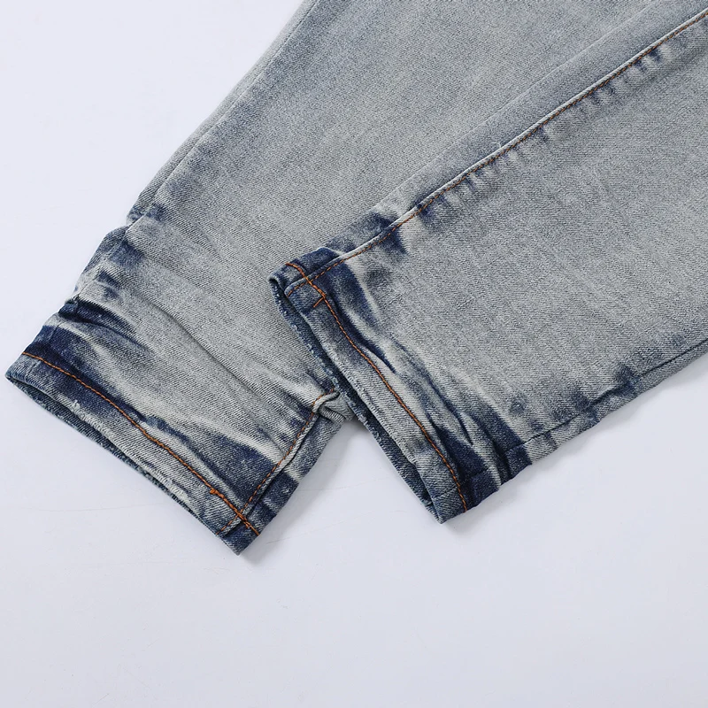 y2knew light blue jeans washed with retro distressed black leather patch elastic slim fit jeans high street hip-hop bra