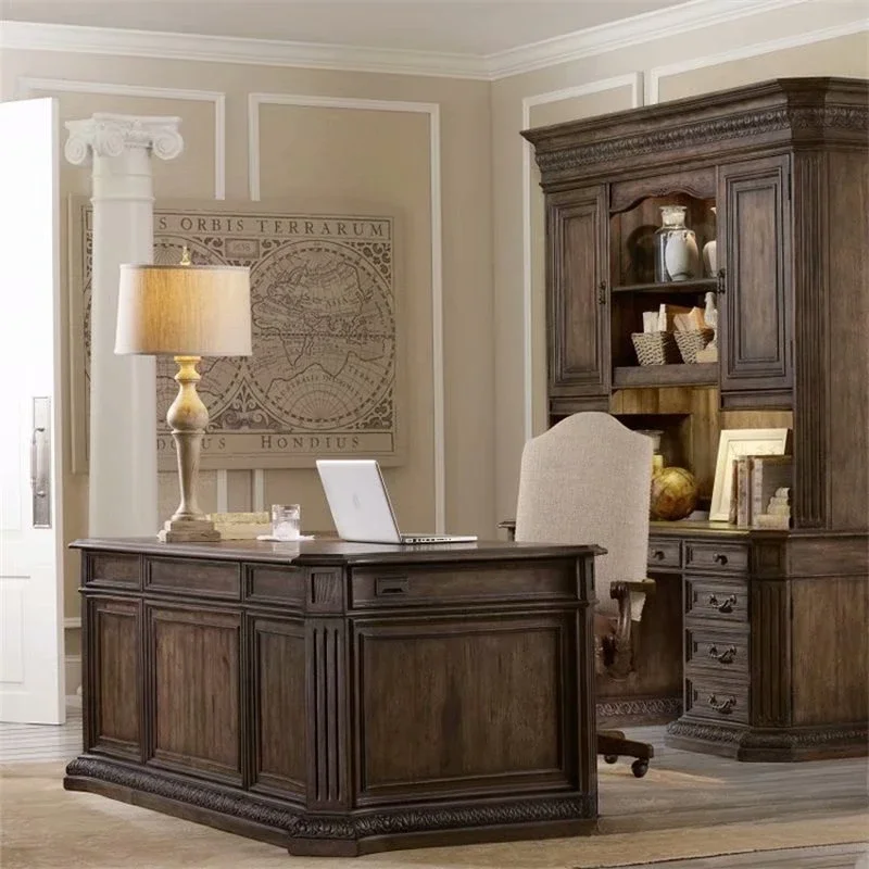 Solid wood office American retro old carved computer desk, study drawer, writing desk