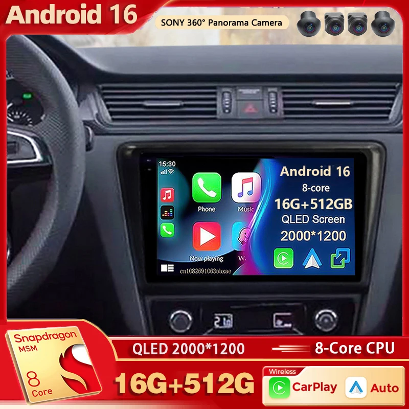 Android 16 For Skoda Rapid 2013 - 2017 2K QLED Android Car Radio Multimedia Video Player GPS AI Voice CarPlay Navigation Stereo