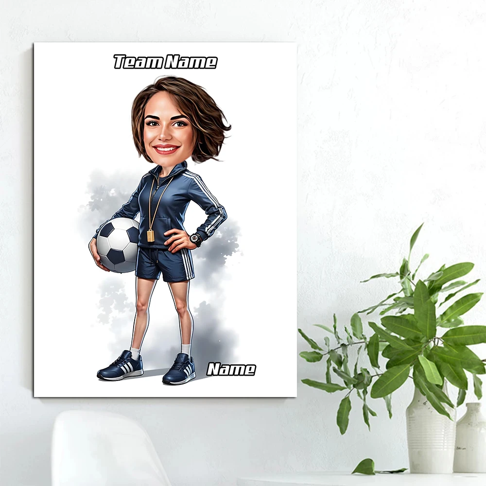 مخصص أنثى مدرب كرة القدم الكرتون صورة مضحك سيدة كاريكاتير صورة شخصية الجدار ملصق فني غرفة ديكور قماش طباعة