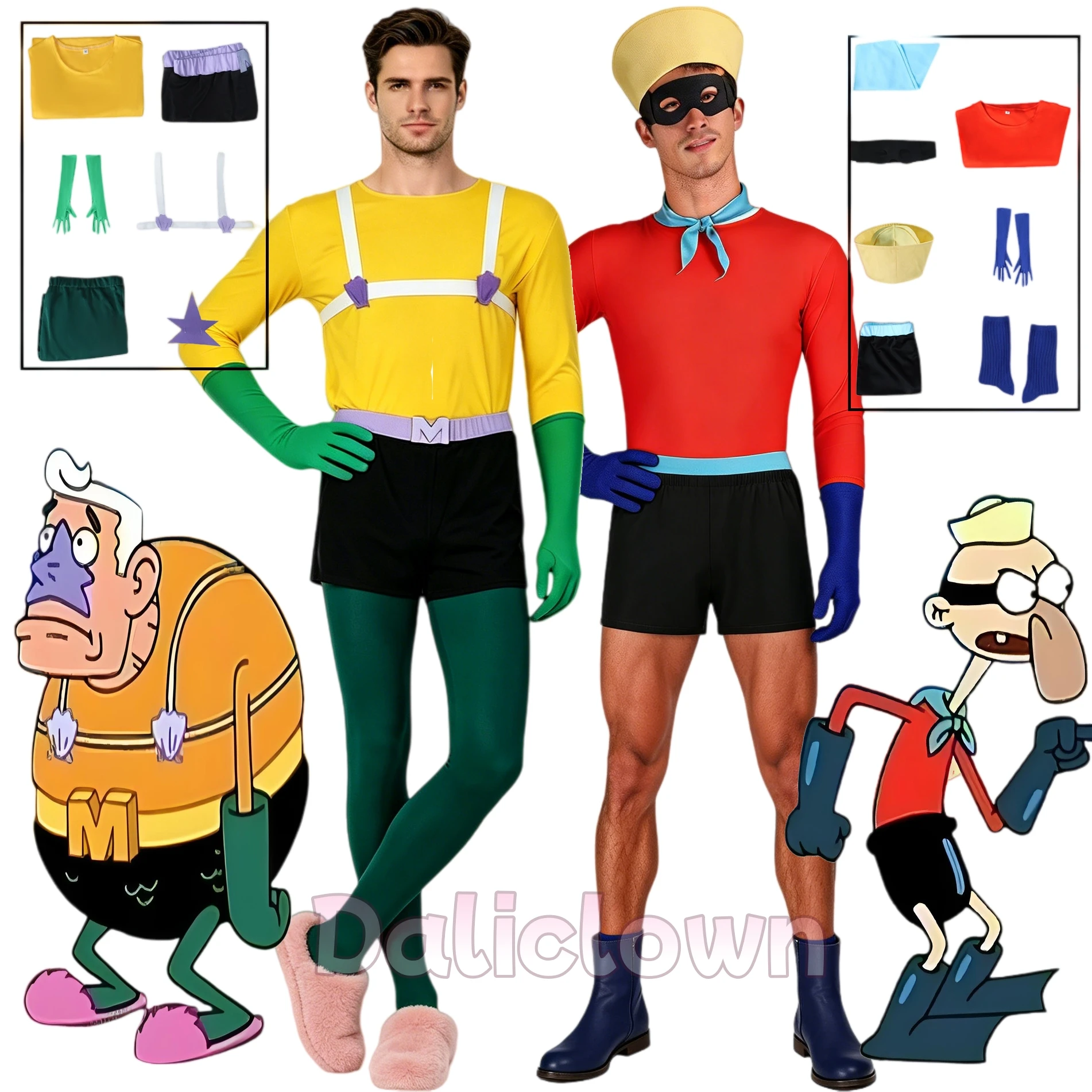 Anime Barnacle Boy und Mermaid Man Kostüm-Set für Erwachsene, Sponge Superhero Bob Mermaidman, lustiges Cosplay-Halloween-Kostüm für Männer