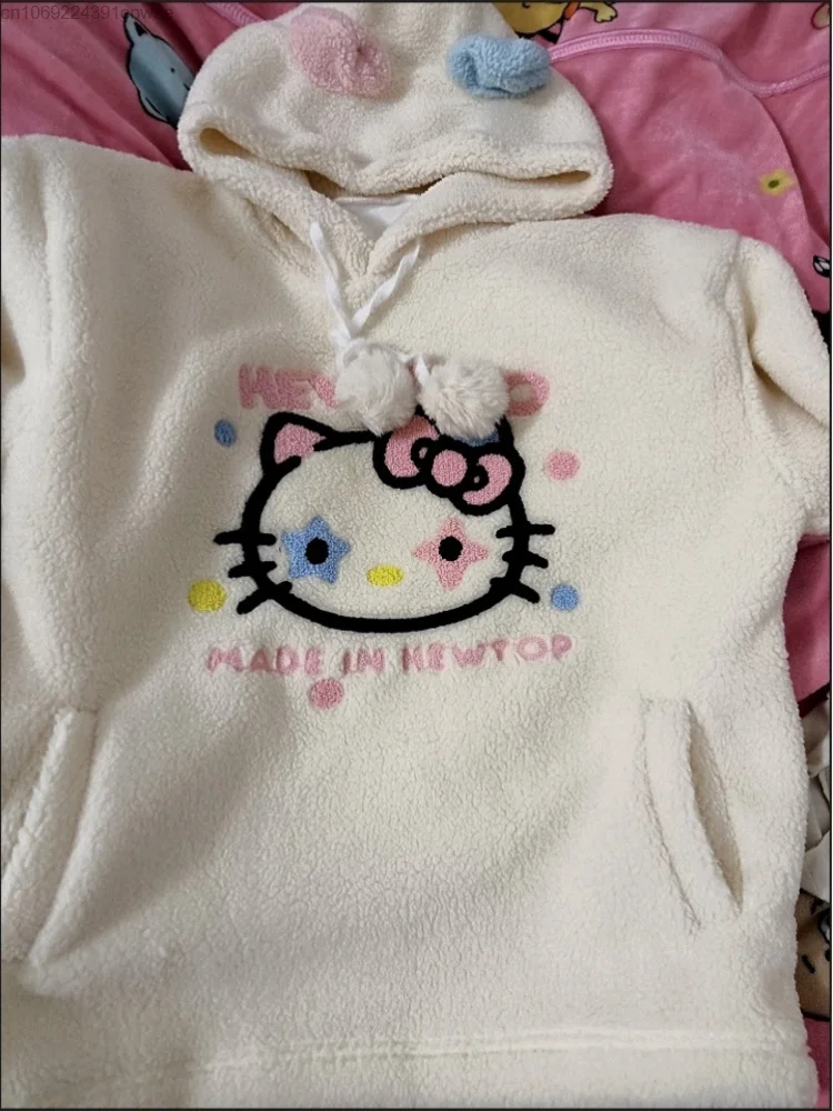 Sanrio-Sudadera con capucha blanca adelgazante de lana de cordero de Hello Kitty, jerséis Kawaii Lolita Jk de felpa de los años 90 y 2000, abrigo de Anime Harajuku Yk2, Top de invierno