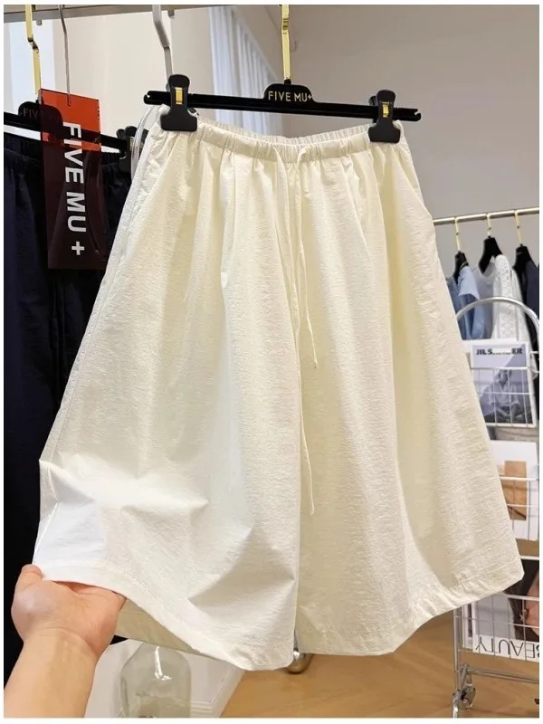 

Летние тонкие брюки большого размера с широкими штанинами для мужчин, модные, с эластичным поясом, А-силуэт, укороченные, повседневные, прямые, свободного кроя