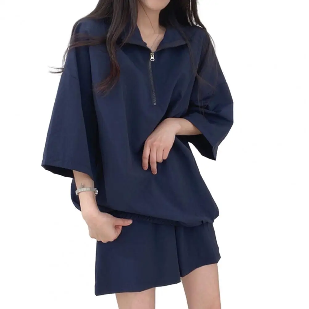 Women Two-piece Outfit Women's Oversized Tracksuit Set with Zipper Neck Pockets Loose Solid Color Top Shorts Casual Female