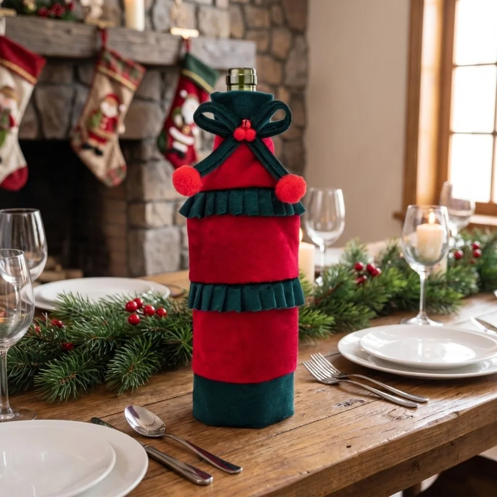 Bow Ruffled Christmas Velvet Bottle Cover 30cm 11.81in Velvet Wine Bottle Cover Elegant Bowknot Beer Bottle Cover Gift
