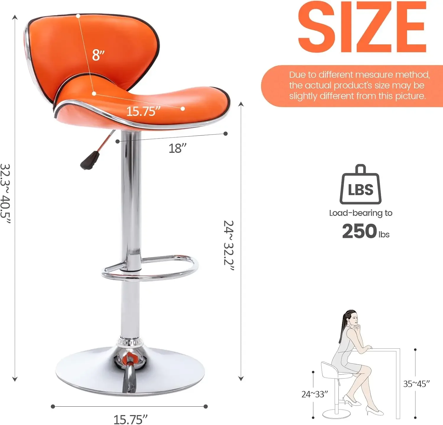 Furniture Direct PU Leather Adjustable Bar Stools, Modern Swivel Airlift Barstools with Back, Armless Counter Height Chair