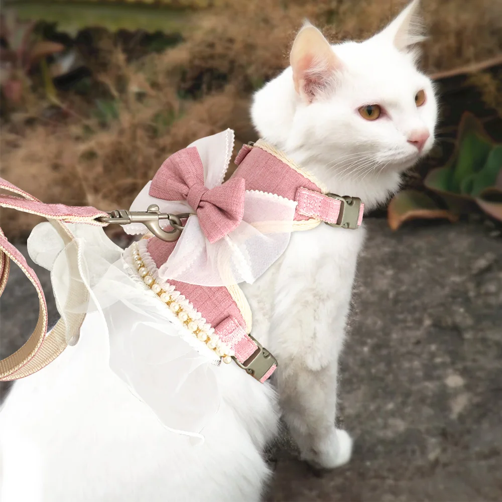 Cute Bowknot Cat Harness Leash Princess Cat Dress Costumes Nylon Kittten Dress Puppy Harness For Chihuahua Teddy Cats Clothes