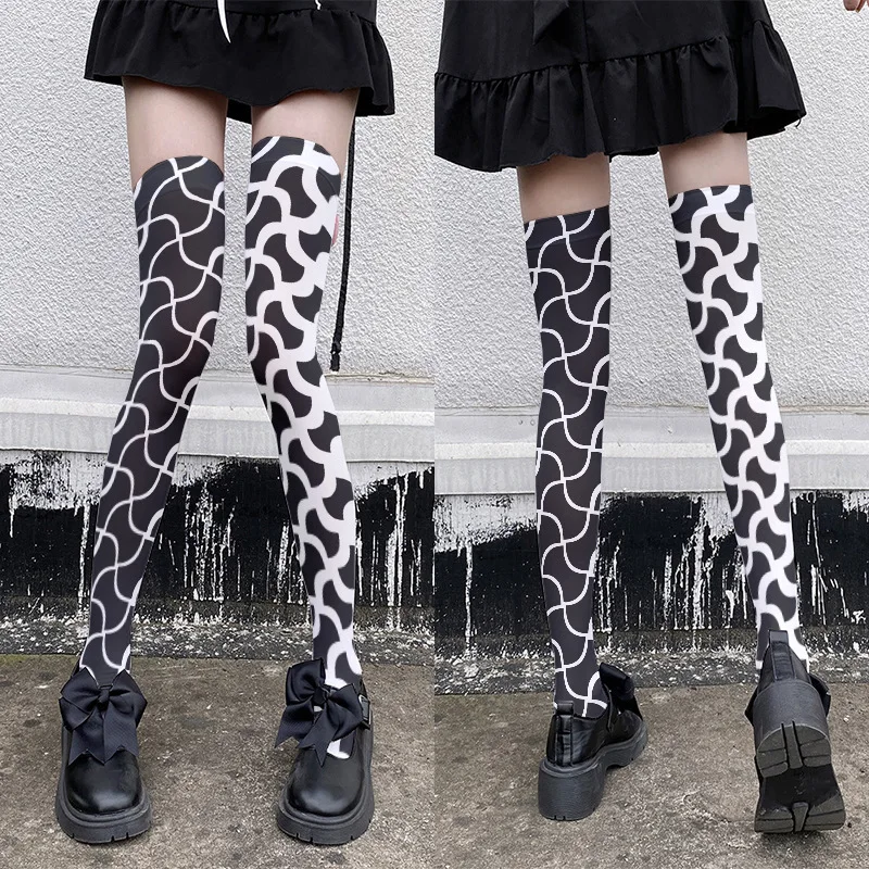 New Color Blocked Plaid Printed Lolita Pantyhose Cute Lolita Printed Base Socks Loli Girl Long Tube Socks