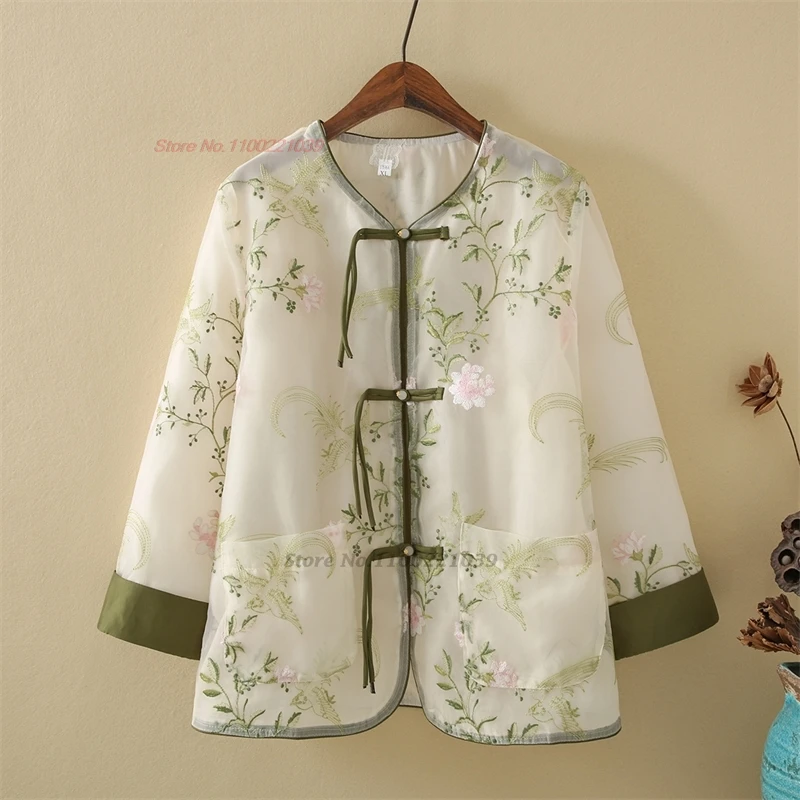 2024 chinese vintage coat national flower embroidery o-neck folk jacket traditional lace chiffon jacket sun-protective clothing