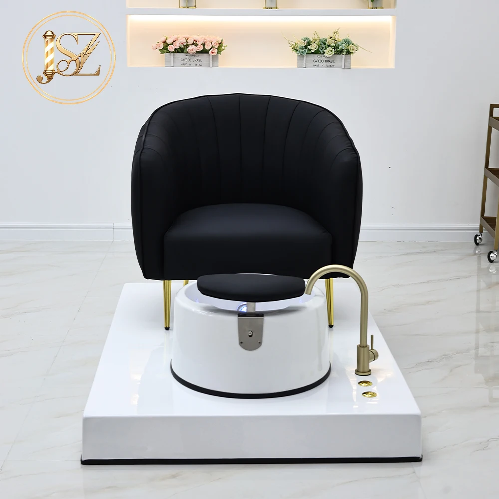 Commercial Grade Pedicure Station Integrated Foot Tub Golden Legs Curved Tufted Sofa High End Spa Nail Salon Furniture