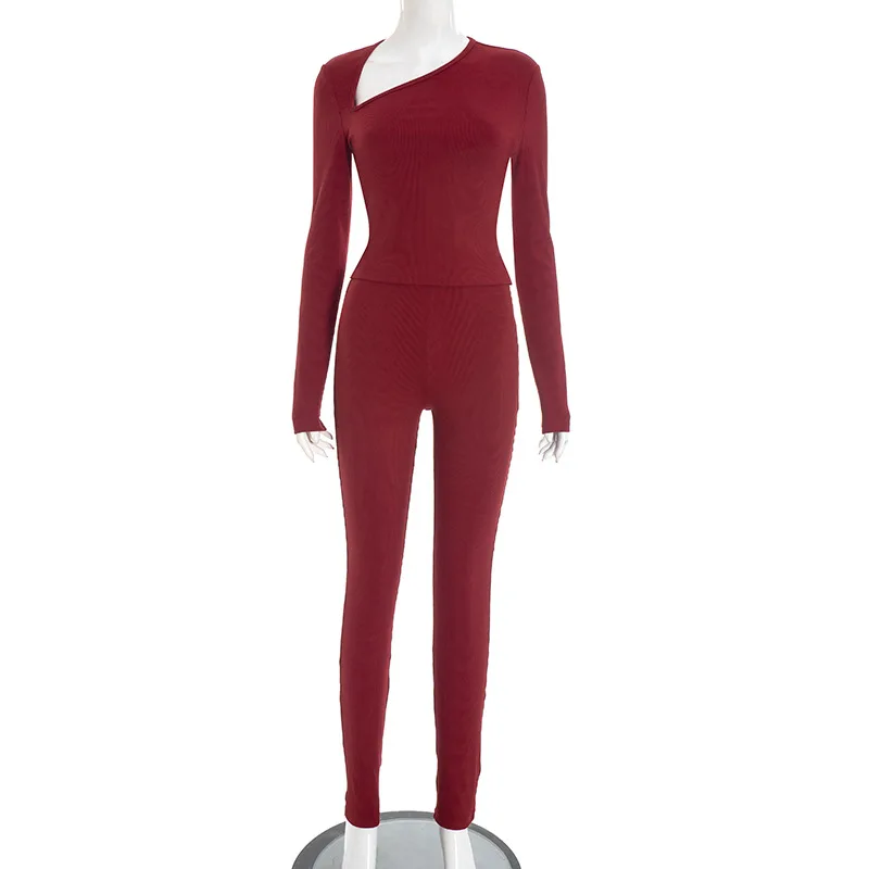 Womdn – ensemble 2 pièces côtelé solide, col en V incliné, T-shirts à manches longues + pantalon crayon taille haute, Slim, costumes Streetwear décontractés