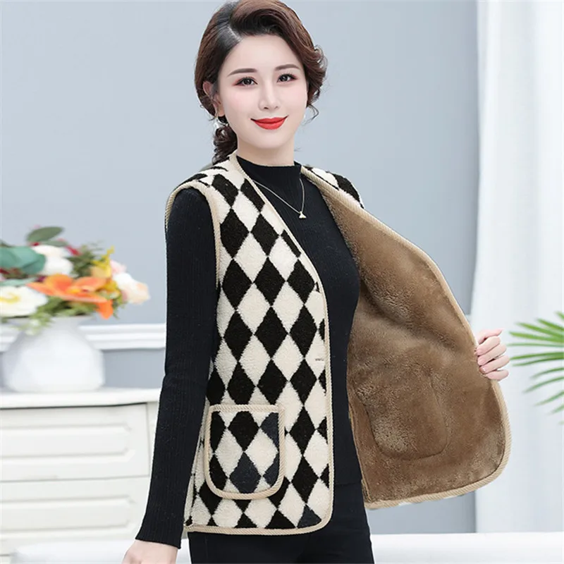 

Fashion Slim Plus Cashmere Warm Plaid Vests Female Blouse New Autumn Winter Grain Cashmere Lambswool Waistcoat Vest Women