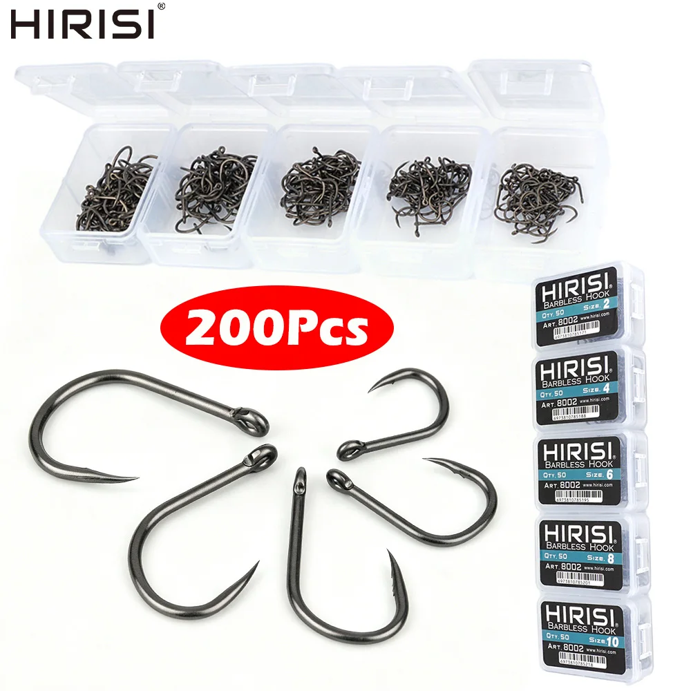 Рыболовные крючки Hirisi 8002, 200 шт., безбородочные, с PTFE-покрытием, из высокоуглеродистой стали, для пресноводной рыбалки