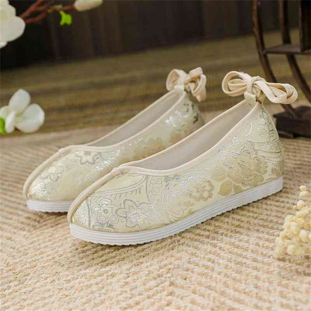 Ladies Spring Vintage Hanfu Cloth Shoes Women Ming-made Ancient Costume Round Toe Lace-up Ethnic Style Hidden-heels Flats Gifts