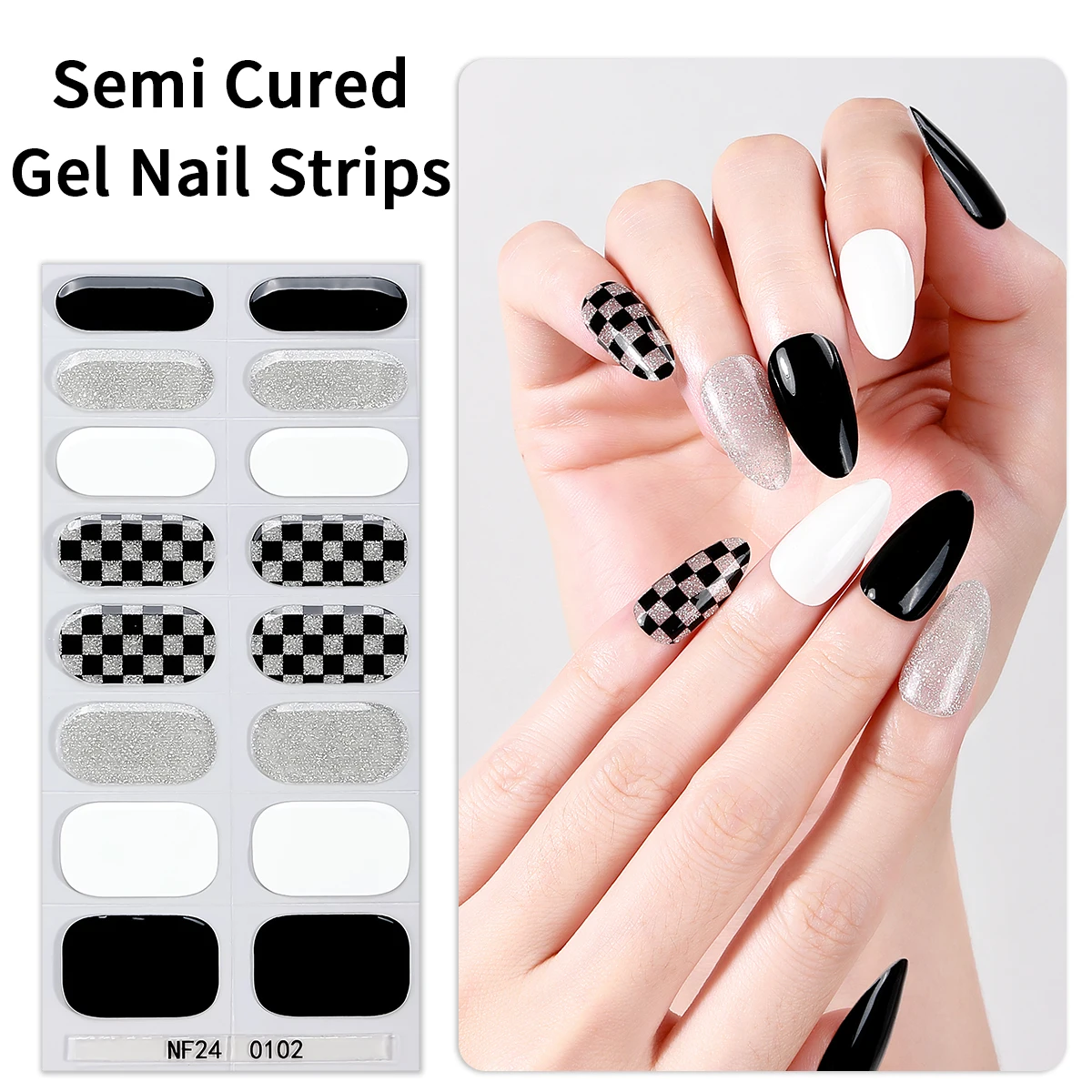 16Tips Semi Cured Gel Nail Strips Black White Plaid DIY Gel Nail Stickers Full Cover UV Wraps for Women Nail Polish Sticker
