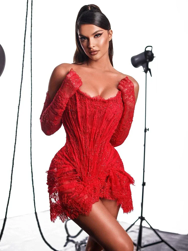 

JOJO Birthday Party Dresses for Women Sexy Strapless Draped Design Lace Mini Dress with Gloves Long Sleeves