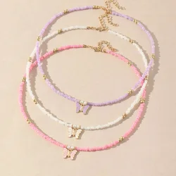 New Candy Color Beads Necklaces For Women Fashion White Pink Purple Beaded Strand Necklace Butterfly Choker Necklaces Jewelry