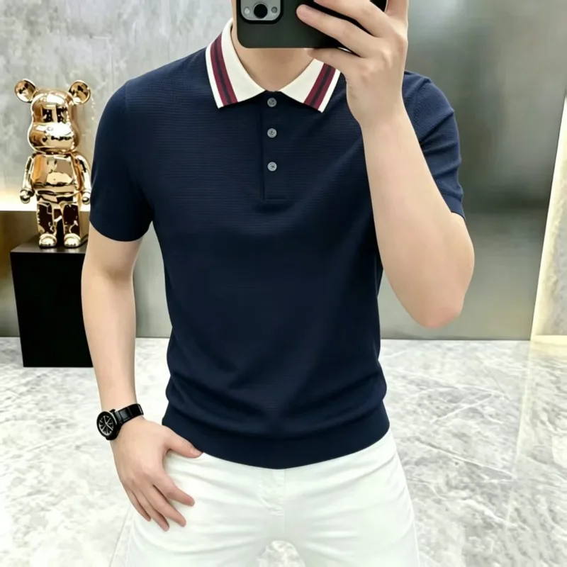 Summer Lapel Short Sleeve T-shirt Men Ice Silk Knitted Casual Business Polo Shirts Versatile Social Sports Golf Top Men Clothing