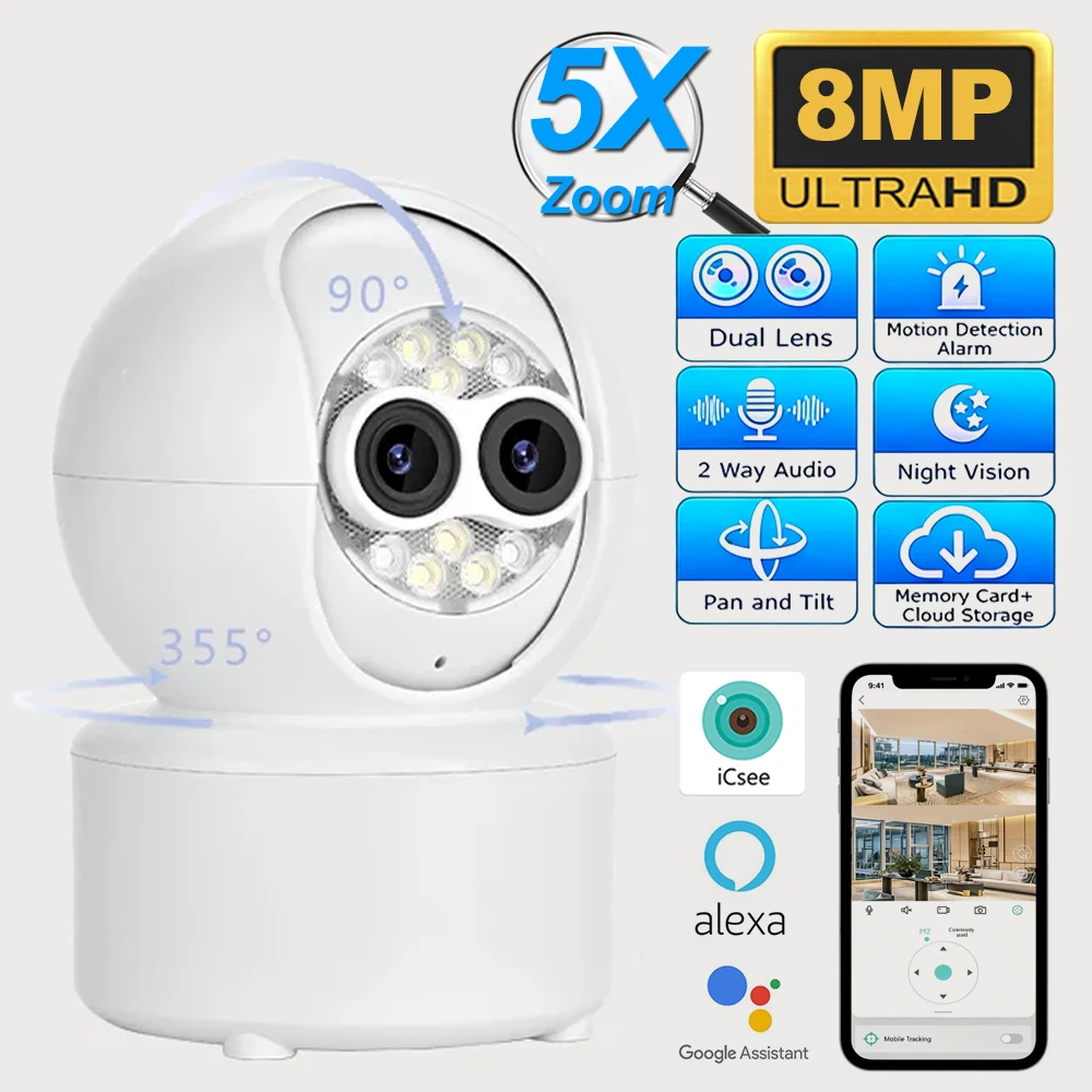 4MP ICsee Dual-Lens Security Camera 5X Optical Zoom PTZ WiFi IP Cam with Auto Tracking 2.8mm Lens Wireless Surveillance for Home