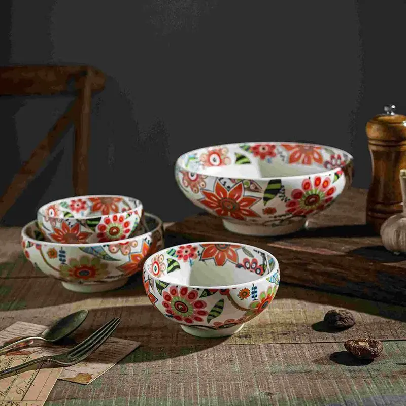 

Butterfly Love Flower Japanese-style ceramic rice bowl ins style, retro ceramic salad bowl, fruit bowl cute household
