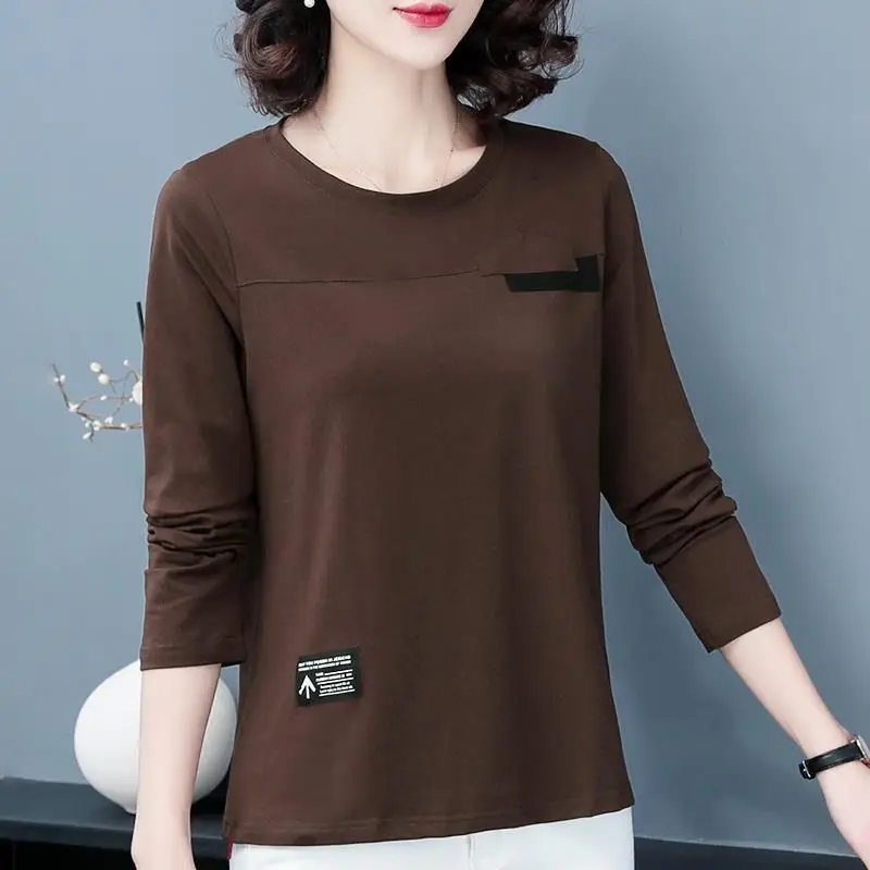 Plus Size Women Long Sleeve T Shirt Casual Patch Decor Blouse Middle Aged Mother Autumn Inner Wear Basic Tops