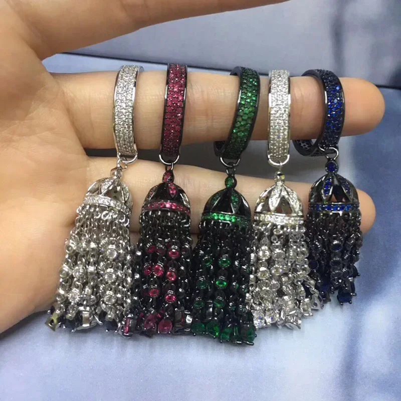 SLJELY Luxury 925 Sterling Silver Jewerly Colorful Tassel Crystal Finger Ring with White Red Blue Green Zircon Stones Women Girl