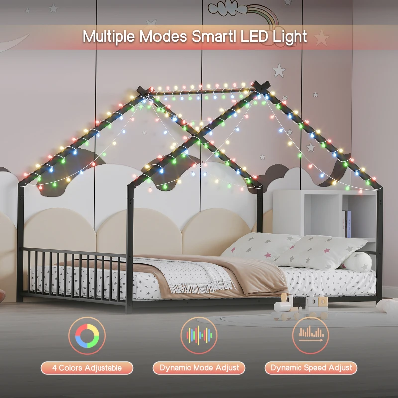Full Size Children's Bed With LED Light Strips Roof-shaped Iron Frame Bed Black 78.5