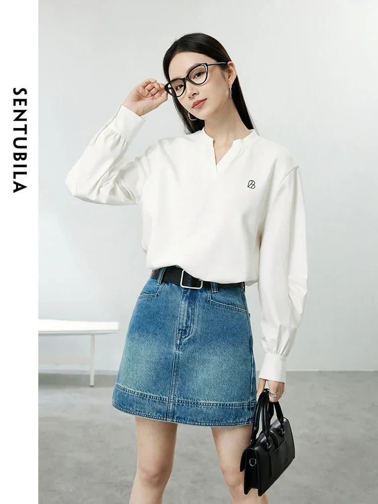 SENTUBILA Spring Simple Embroidery Cropped Sweatshirt 2025 White Long Sleeve Top For Woman Casual Solid Pullovers 141A53787