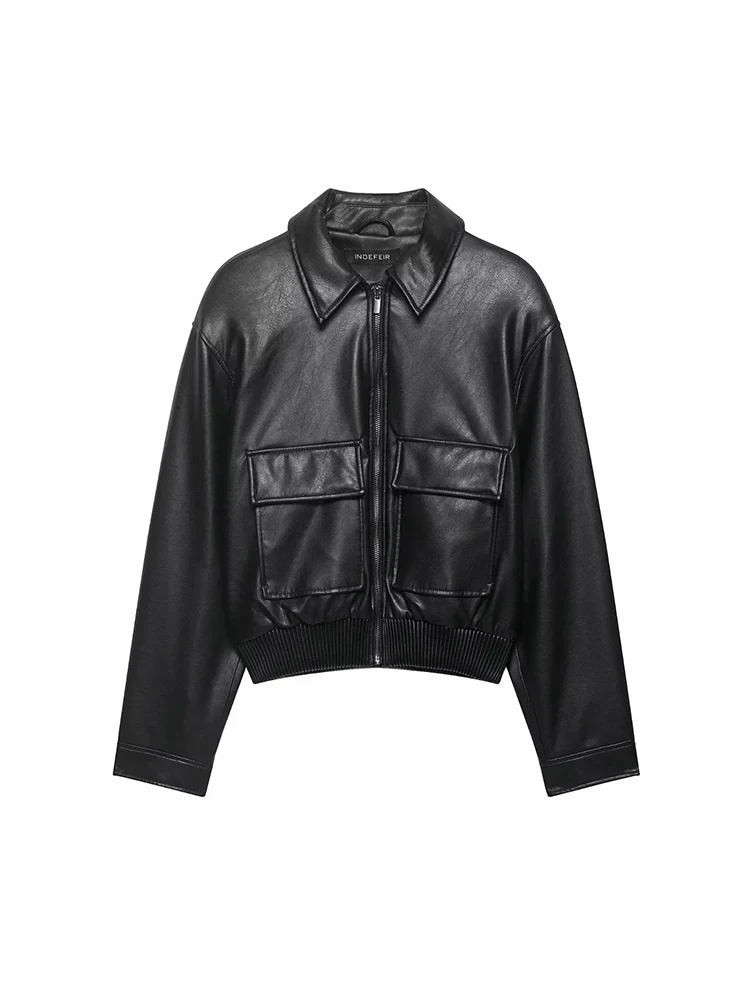 Women Faux Leather Lapel Collar Jacket Vintage Women  Long Sleeve With Pockets Zipper Coats Casual Fashion Female Outerwear