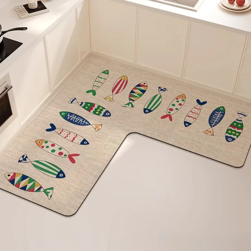 L-shaped Corner Kitchen Carpet Cartoon Minimalist PVC Floor Mat Fish Pattern Waterproof Oil-proof Rug Non-slip Easy-care Mats IG