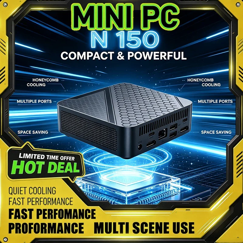 N150 Mini PC Compact Desktop Computer Honeycomb Cooling Multiple Ports Space‑Saving for Home Office Business