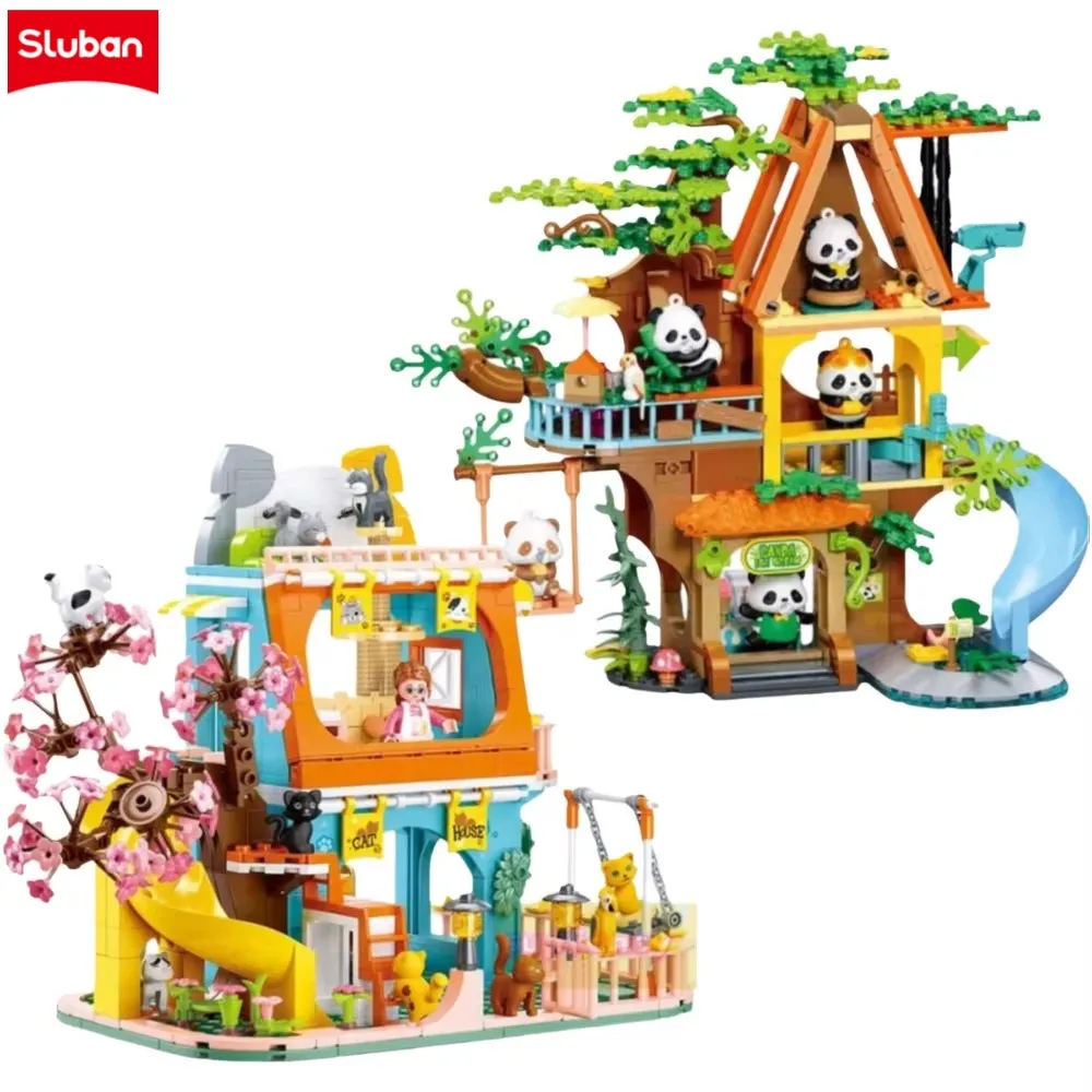 

Набор строительных блоков Sluban для девочек, Вилла с милым котом и домик на дереве с пандой, набор для самостоятельной сборки, развивающие творческие игрушки для детей