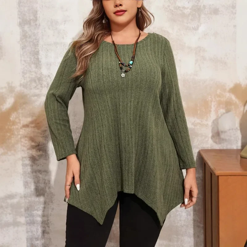 

Plus-Size-Tops-for-Women Crew Neck Long Sleeve Shirts Casual Oversized Tunics Knit Pullover Irregular fashion women clothing