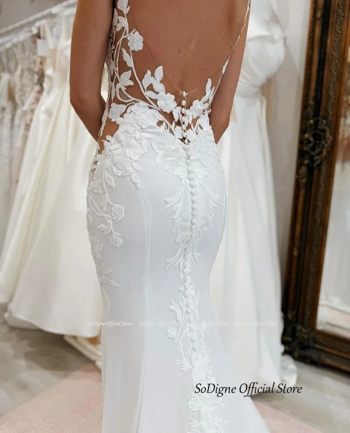 Sodigne sereia vestidos de casamento de cetim com decote em v cintas de espaguete rendas apliques vestido de noiva longo vestido de novia ﻿