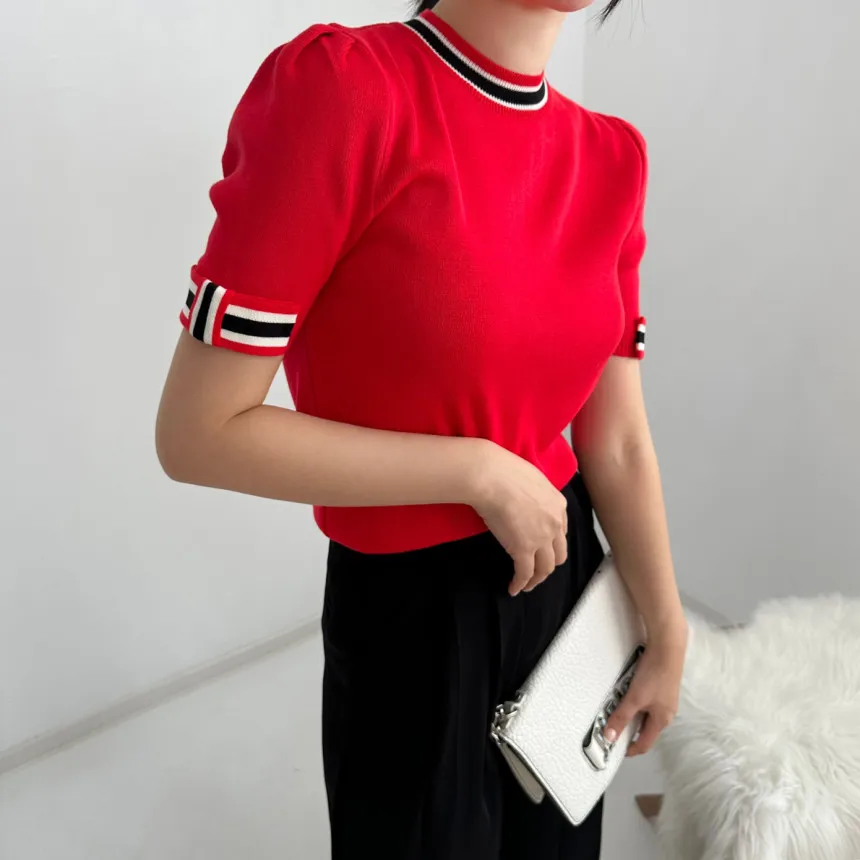 2024 Summer Thin Ice Silk Knitted T Shirts for Women Color Block Short Sleeve Pullovers Tees Korean Fashion Knitwear Tops Mujer