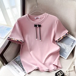 Women's T-shirt 2024 Summer New Harajuku T-shirt with beaded Vintage Printed Round Neck Loose Short-Sleeved Cotton Top clothing