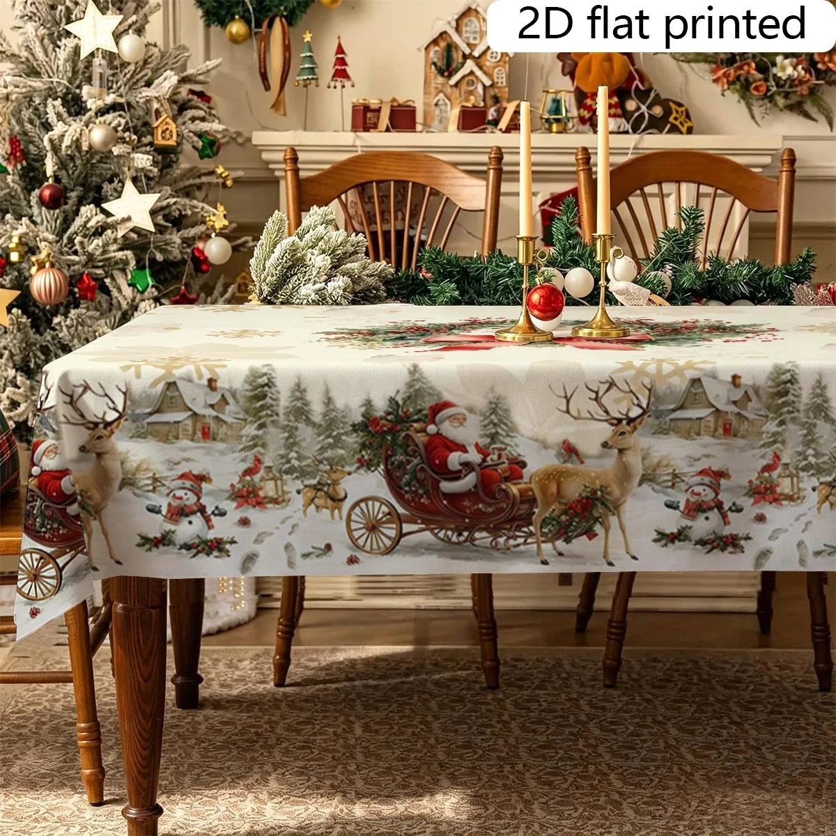 1pc  Vintage Christmas Santa Sleigh Snowman Tablecloth 2D Flat Printed Winter Holiday Dining Table Cover for Home Party Decor