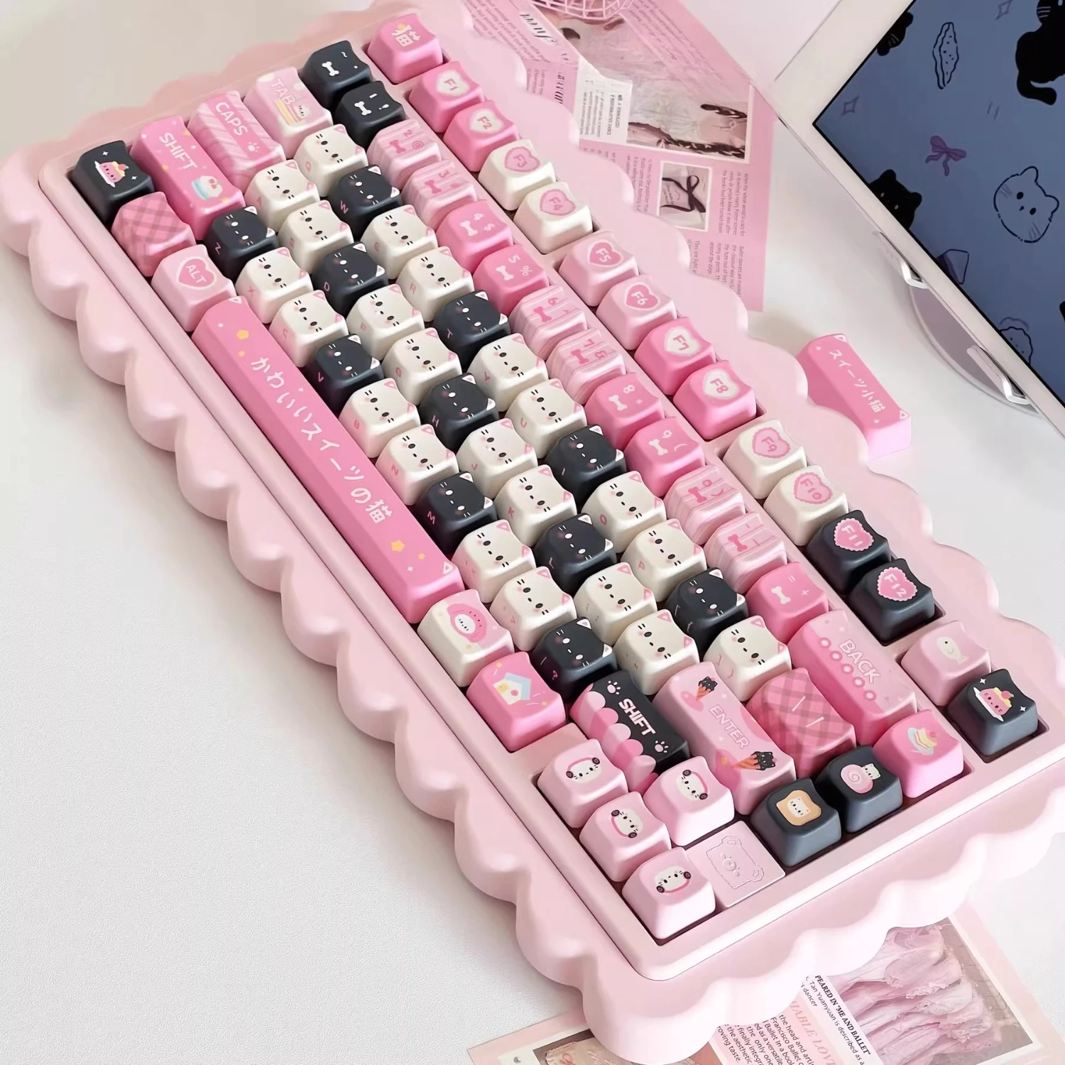 MAIMOOO Cat Dessert Keycap MAO Profile Black Pink Cute Meow Head PBT Dye Sub Custom Keycaps for Mechanical Keyboard Girls Gifts