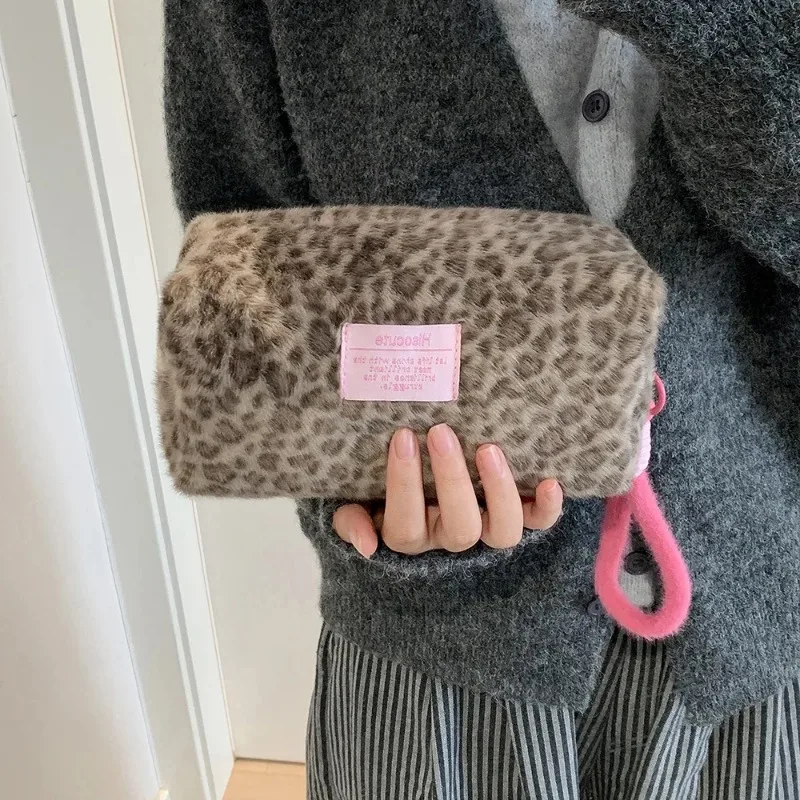 Korean Leopard Print Fashion Winter Plush Pencil Case Student Large Capacity Desktop Storage Stationery Pen Box Girl Makeup Bag