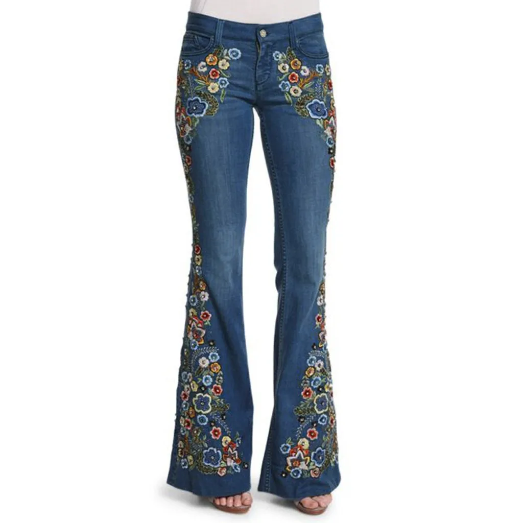 Damesjeans Bloem Geborduurde Damesbroek Slim Fit Hoge Taille Match Top Lange Jeans Vintage Bell-bottom Damesbroek Blauw