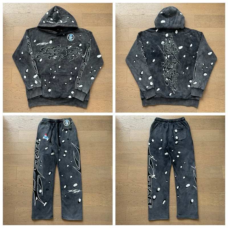 

Hell Star Spotted Letter Print Vintage Waed Hoodie Sweatirt Long Pants Autumn Set for Teen Boys Casual Sportswear