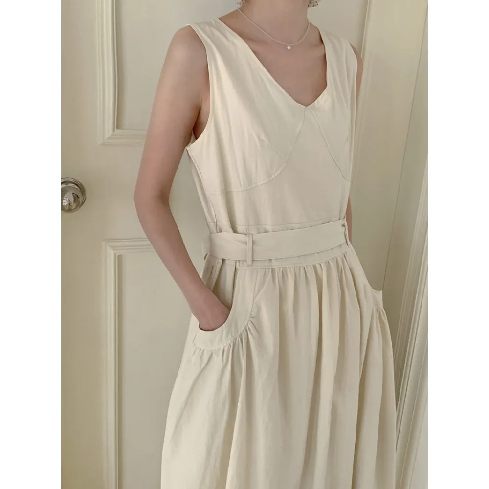 100% puro cotone tenero senza maniche abito lungo dal carro armato donna estate telai sottile a-line maxi vestito estivo femminile grandi tasche 2025