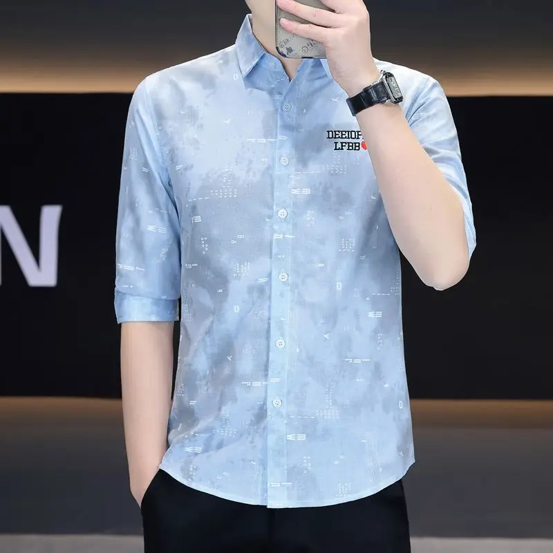 

Mens Lapel Collar Three Quarter Sleeve Button Up Shirt Embroidery Letter Detail Jacquard Casual Tops