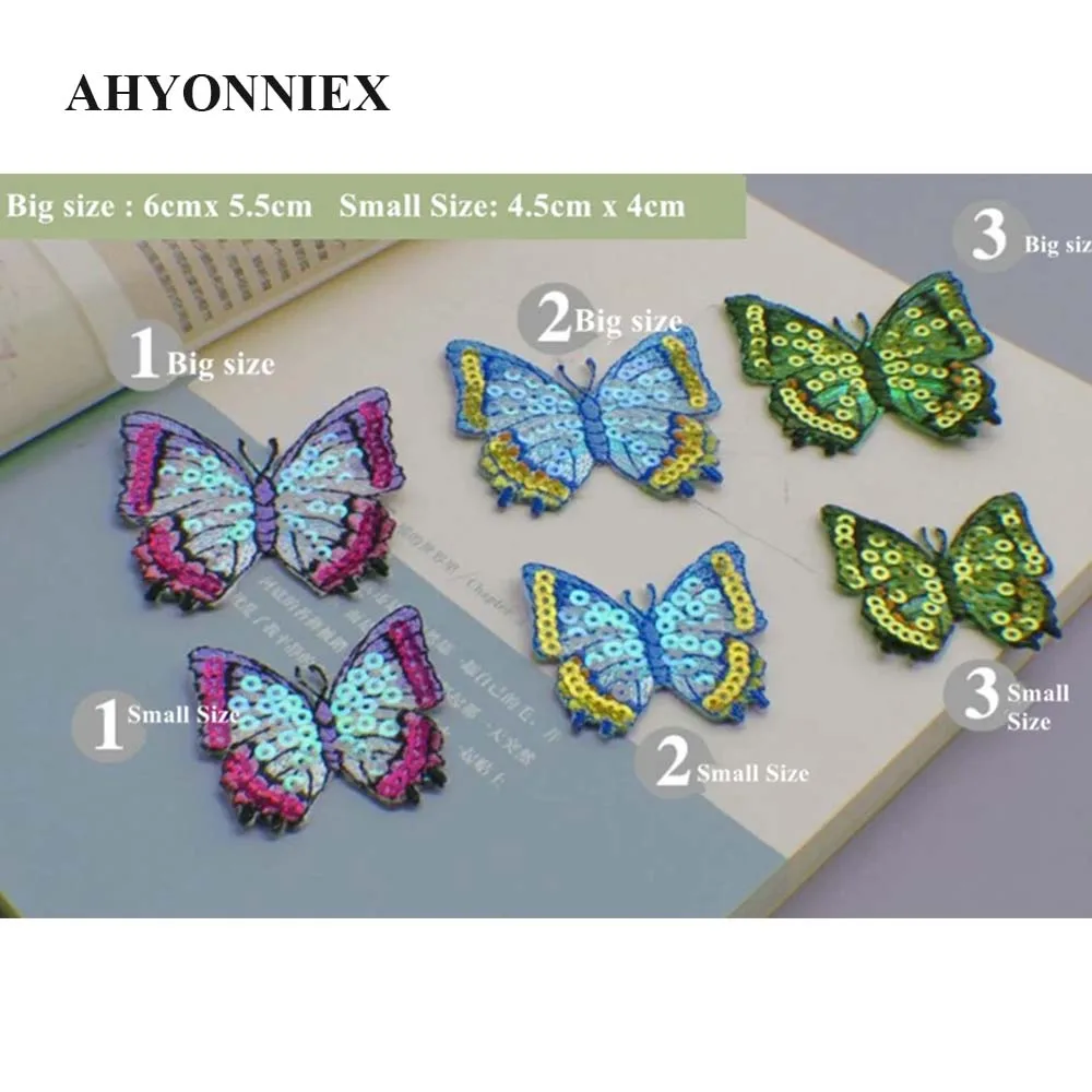 AHYONNIEX marca 1PC paillettes farfalla patch ferro sulle toppe per vestiti costume colla ricamo pasta gonna decorazione