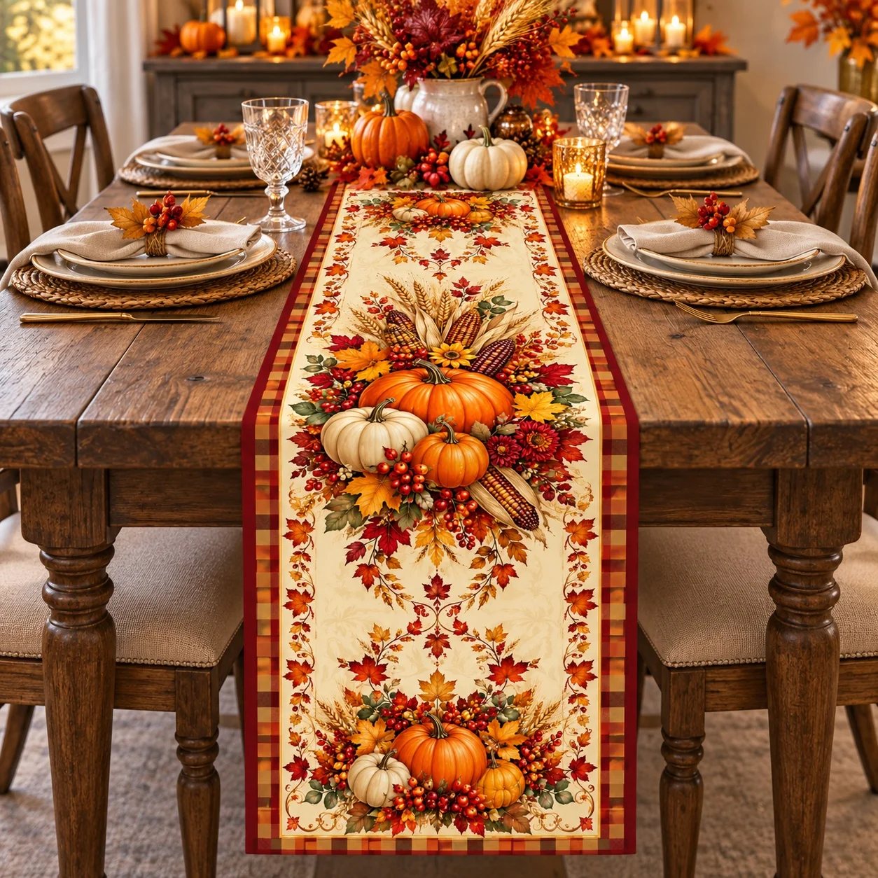 Fall Pumpkin Table Runner Autumn Harvest Corn Sunflower Maple Leaves Thanksgiving Farmhouse Dining Table Decor