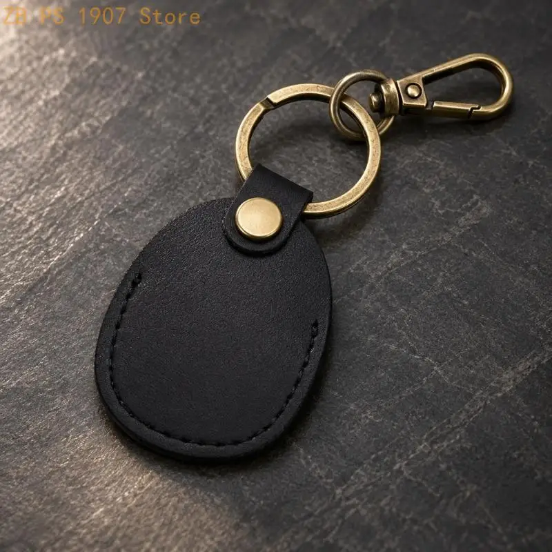 Entry Card Holder Keychain with Snap-Fastened PU Leather Round Ring and Hook for Building Access 55KA