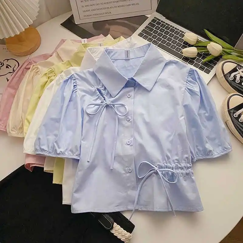 

Slim Fit Women's Top Knot Waist Cinching Faionable Summer irt Korean Sle ort Sve Ne Pure Color